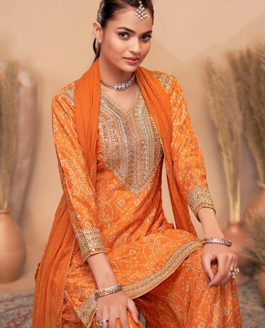 2151 - PREMIUM EMBROIDERED ORANGE TRENDY PALAZZO STYLE SUIT